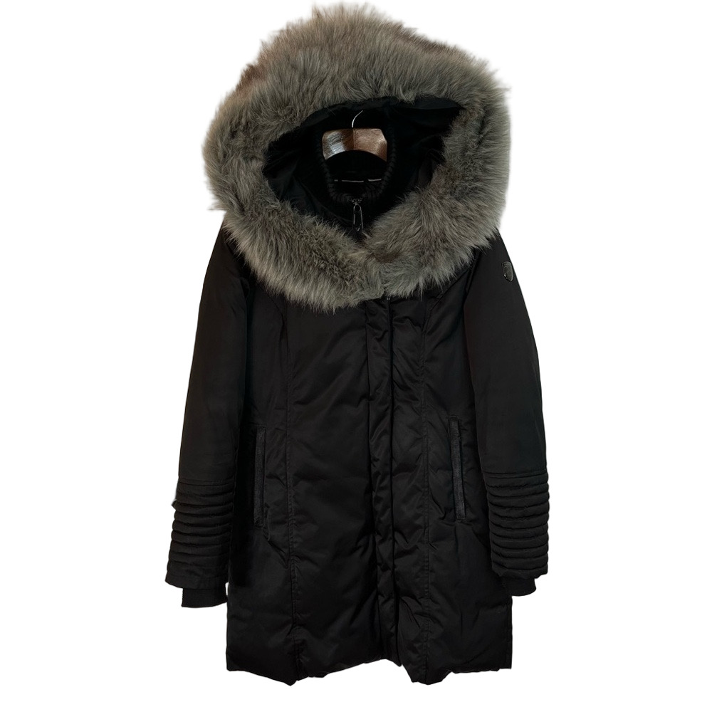 NOIZE Women's Jessica Black Faux Fur-Trimmed Hood Parka Large Winter Warm Coat